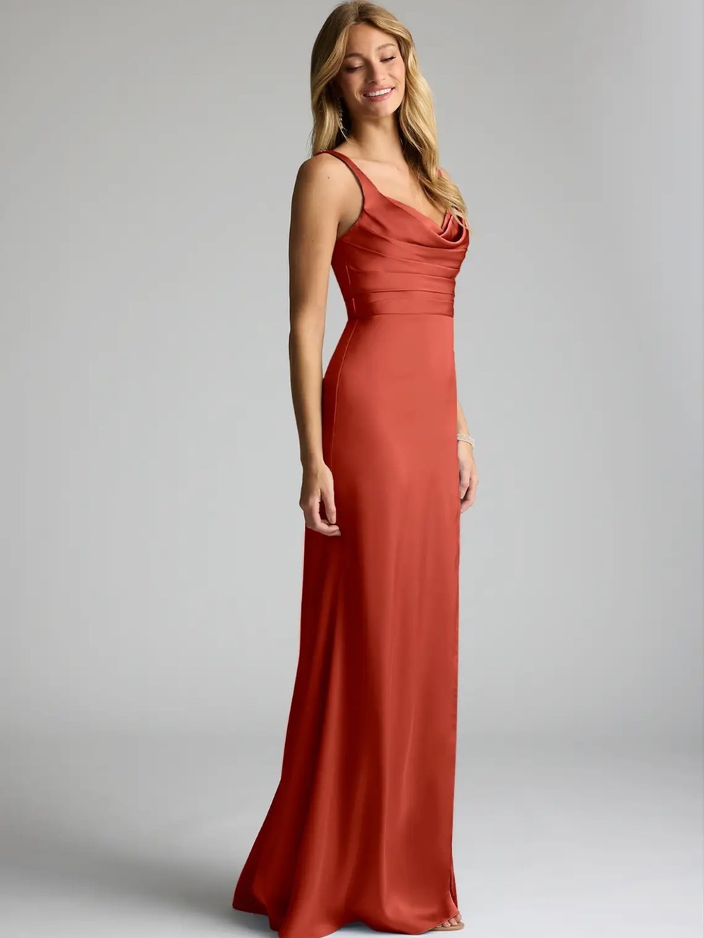 Azazie Elida Terracotta Sheath Pleated Stretch Satin Bridesmaid Dress.